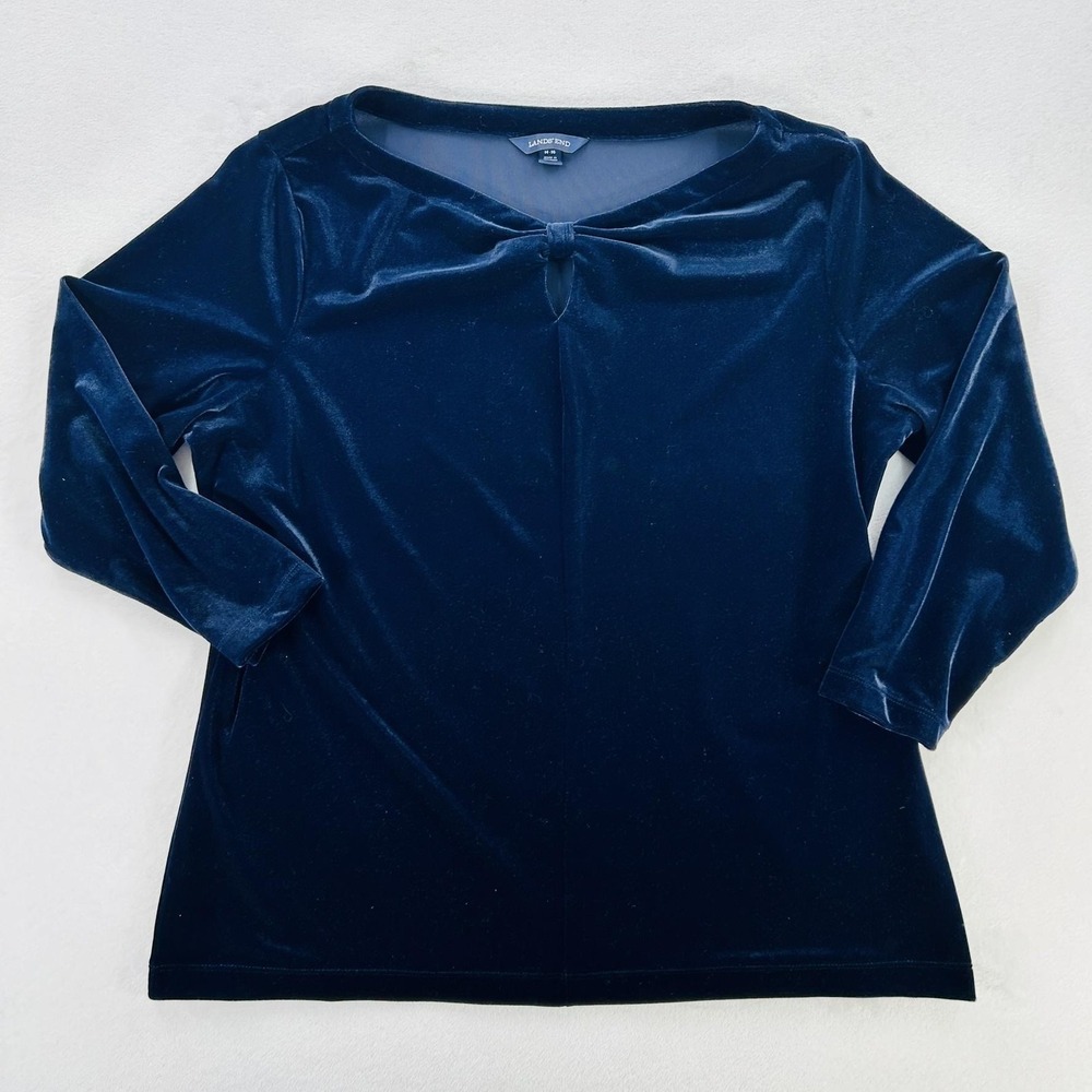 Lands End Blouse Womens Large 14-16 Blue Velvet 3/4 Sleeve Keyhole Party Top
